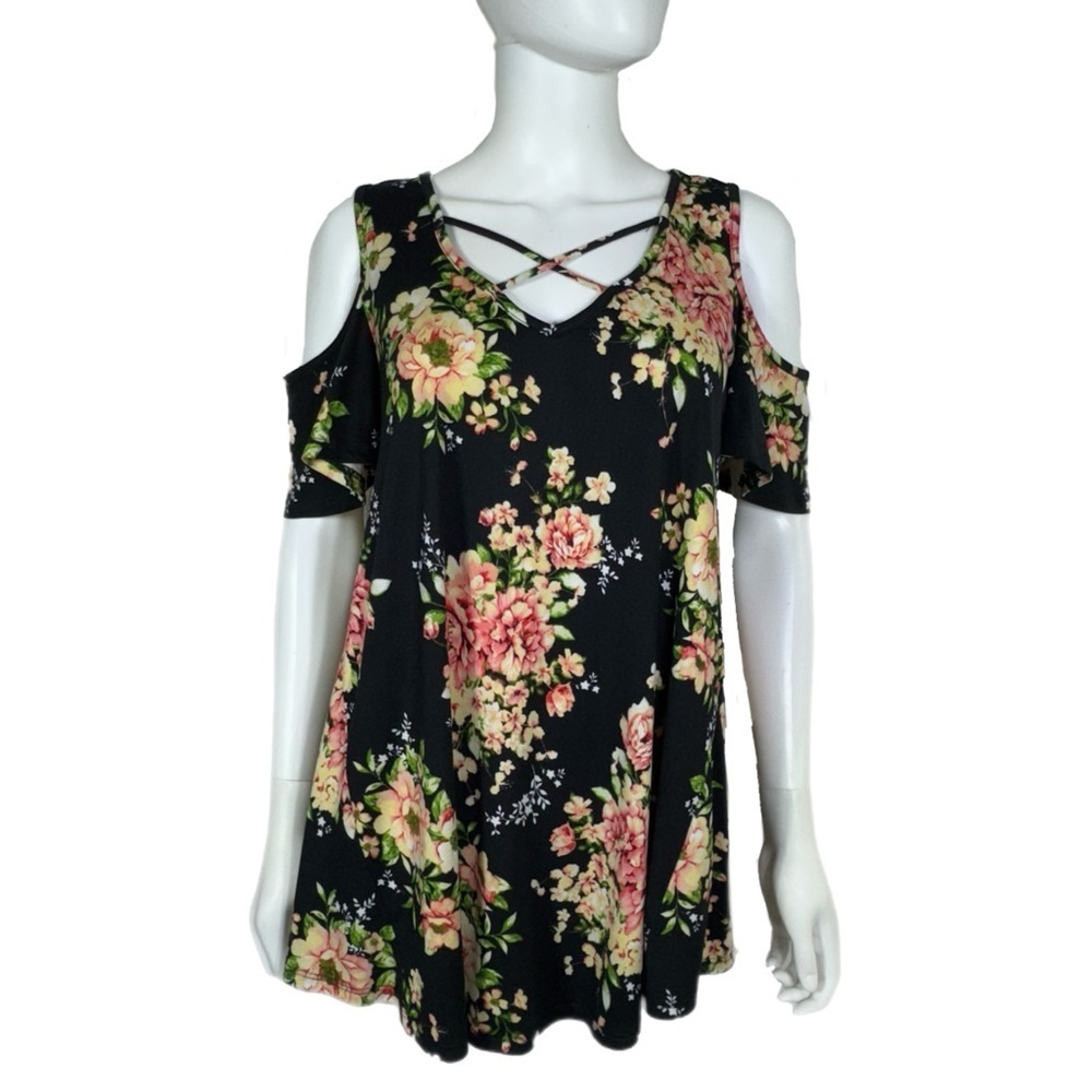 Reb & J. Black & Pink Floral Laced V-Neck Cold Shoulder Top